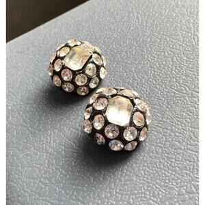 Vintage Domed Crystal Clear Rhinestone Cluster Black Buttons Set of 2 Metal Lot